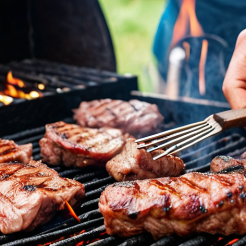 Home 4 **Image Prompt:** Close-up shot of perfectly grilled Ćevapi on a charcoal grill, showing the smoky char. Focus on the texture and color of the meat. In the background, blurred, show a grill master tending to the fire.
