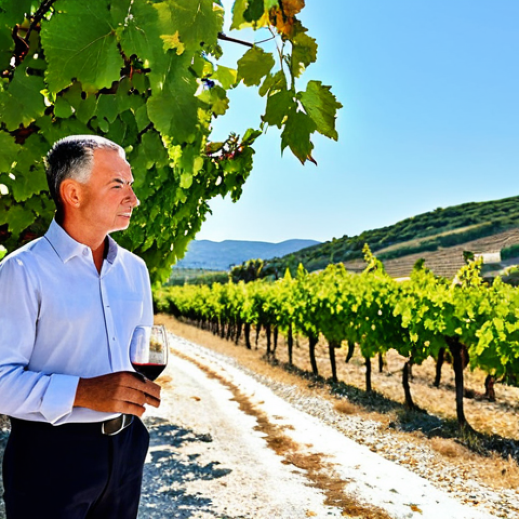 A professional male sommelier, fully clothed in a modest, smart casual shirt and trousers, standing contemplatively in a sun-drenched Dalmatian vineyard. He holds a glass of rich ruby Plavac Mali wine, observing its color against the light. The background features ancient, gnarled vines on rocky limestone soil, stretching towards the sparkling blue Adriatic Sea under a clear sky. The scene captures the unique microclimate and natural beauty of the region. Perfect anatomy, correct proportions, natural pose, well-formed hands, proper finger count, natural body proportions. Professional photography, high quality, safe for work, appropriate content, fully clothed, family-friendly.