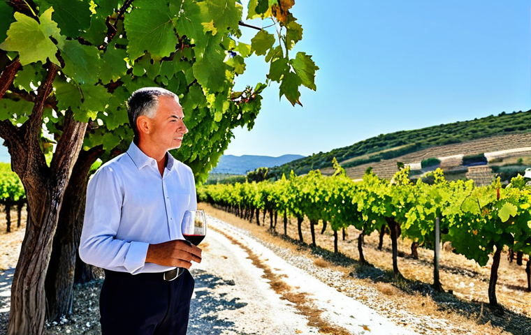 A professional male sommelier, fully clothed in a modest, smart casual shirt and trousers, standing contemplatively in a sun-drenched Dalmatian vineyard. He holds a glass of rich ruby Plavac Mali wine, observing its color against the light. The background features ancient, gnarled vines on rocky limestone soil, stretching towards the sparkling blue Adriatic Sea under a clear sky. The scene captures the unique microclimate and natural beauty of the region. Perfect anatomy, correct proportions, natural pose, well-formed hands, proper finger count, natural body proportions. Professional photography, high quality, safe for work, appropriate content, fully clothed, family-friendly.
