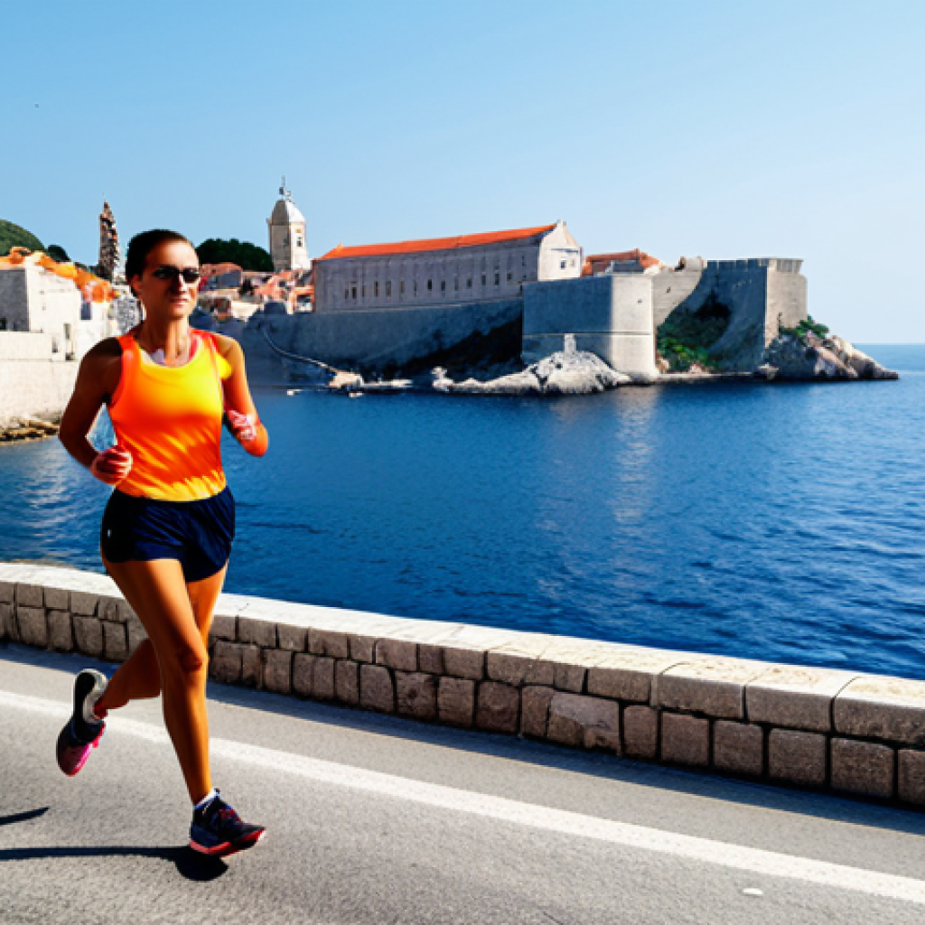 **
A female runner, fully clothed in athletic wear, participating in the Dubrovnik Half Marathon. She is running along the coastal road with the historic city walls of Dubrovnik in the background. The weather is mild and sunny. Perfect anatomy, well-formed hands, appropriate attire, safe for work, professional photography, natural pose, correct proportions, family-friendly.
**