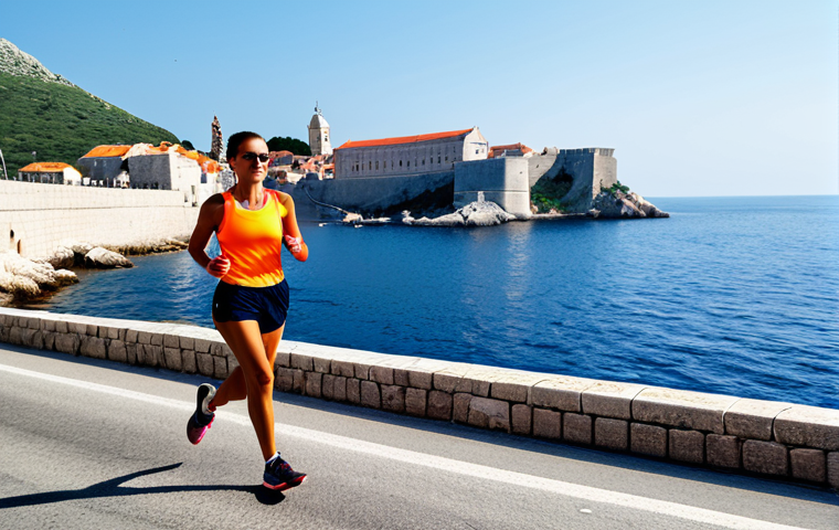 **
A female runner, fully clothed in athletic wear, participating in the Dubrovnik Half Marathon. She is running along the coastal road with the historic city walls of Dubrovnik in the background. The weather is mild and sunny. Perfect anatomy, well-formed hands, appropriate attire, safe for work, professional photography, natural pose, correct proportions, family-friendly.
**