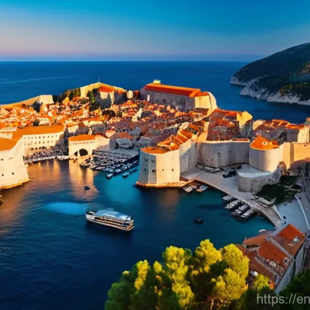 크로아티아에서 1주일 여행 추천 일정 - **Dubrovnik's Ancient Majesty at Sunset**
    A panoramic, high-angle shot capturing the iconic, for...