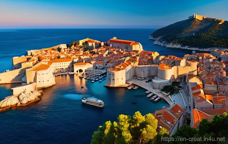 크로아티아에서 1주일 여행 추천 일정 - **Dubrovnik's Ancient Majesty at Sunset**
A panoramic, high-angle shot capturing the iconic, for...