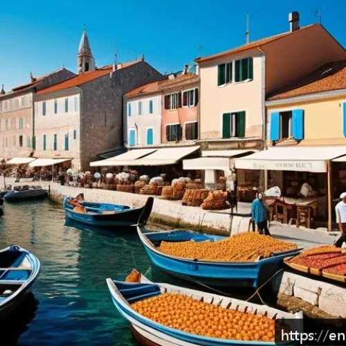 크로아티아의 각 도시별 여행 특징 - A vibrant early morning Croatian coastal market scene: fishermen unloading fresh fish beside colorfu...