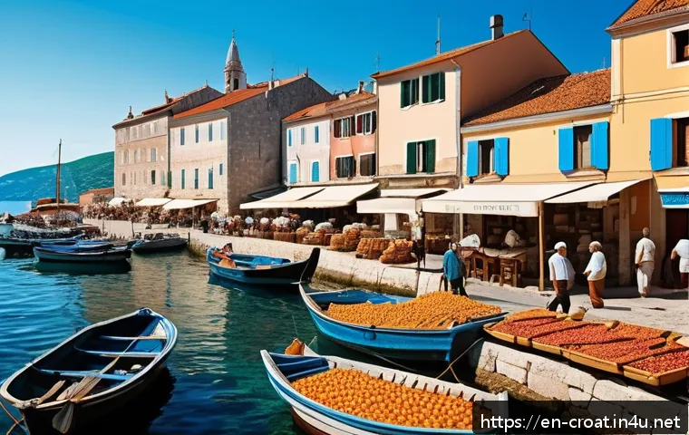 크로아티아의 각 도시별 여행 특징 - A vibrant early morning Croatian coastal market scene: fishermen unloading fresh fish beside colorfu...