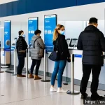 크로아티아 여행 시 코로나 관련 규정 - A modern Croatian airport arrival scene showing diverse travelers standing in line at a border contr...