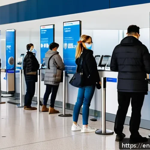 크로아티아 여행 시 코로나 관련 규정 - A modern Croatian airport arrival scene showing diverse travelers standing in line at a border contr...