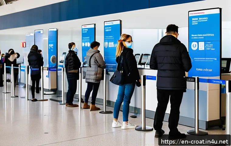 크로아티아 여행 시 코로나 관련 규정 - A modern Croatian airport arrival scene showing diverse travelers standing in line at a border contr...