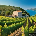 이스트라 반도 와이너리 투어 - A panoramic view of sunlit coastal vineyards in Istria, with rows of Malvazija grapevines stretching...