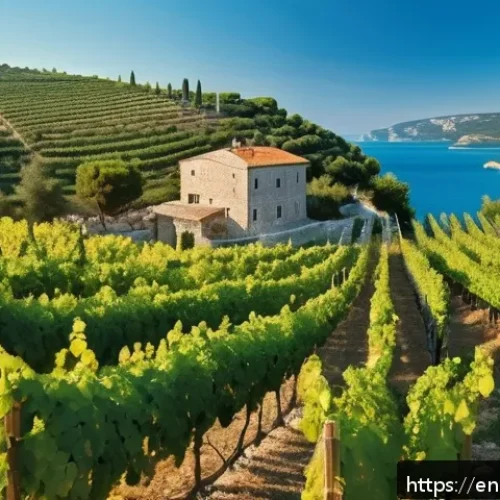 이스트라 반도 와이너리 투어 - A panoramic view of sunlit coastal vineyards in Istria, with rows of Malvazija grapevines stretching...