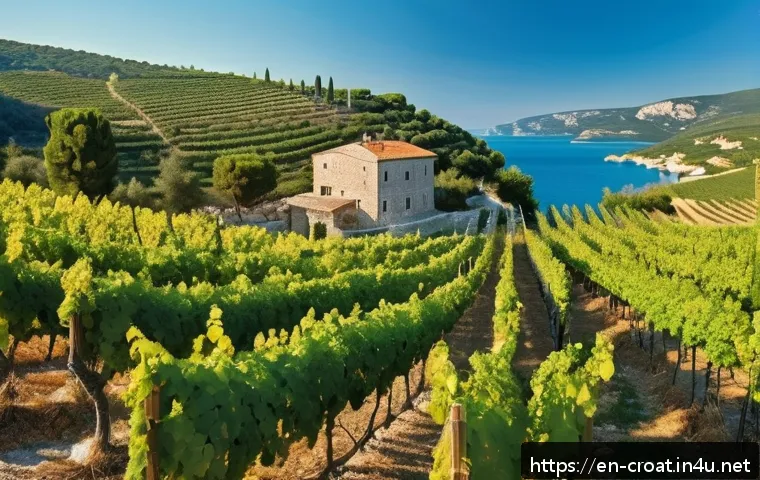 이스트라 반도 와이너리 투어 - A panoramic view of sunlit coastal vineyards in Istria, with rows of Malvazija grapevines stretching...