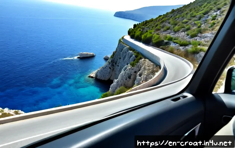 크로아티아에서 운전할 때 주의할 점 - Photorealistic view from inside a modern rental car approaching a narrow winding coastal road in Cro...