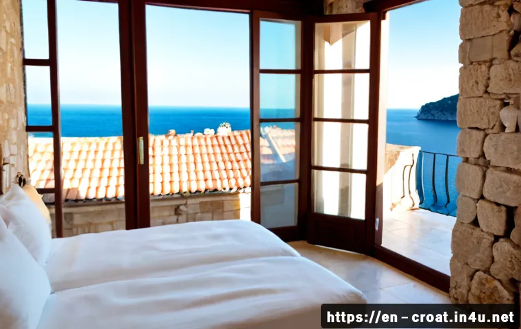 크로아티아 숙소 추천 지역별 정리 - Photorealistic travel accommodation scene in Dubrovnik, Croatia, elegant stone guesthouse terrace ov...