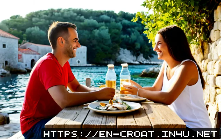 크로아티아에서 현지인과 친해지는 법 - Photorealistic candid scene in a welcoming Croatian neighborhood konoba, a friendly traveler chattin...